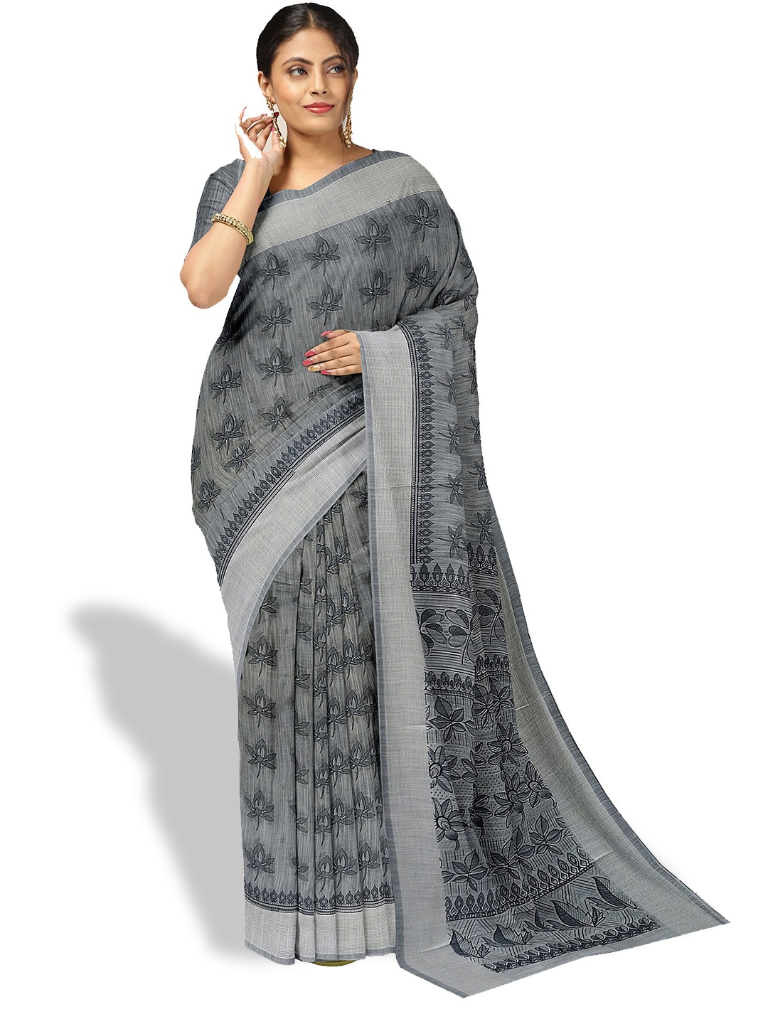 

The Chennai Silks Floral Printed Pure Cotton Fusion Saree, Grey