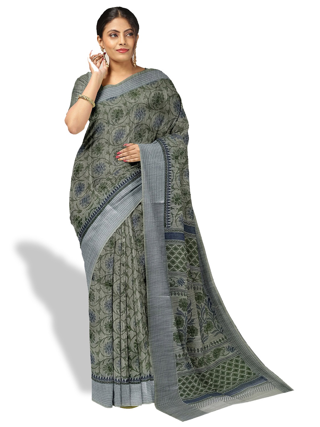 

The Chennai Silks Floral Printed Pure Cotton Saree, Green
