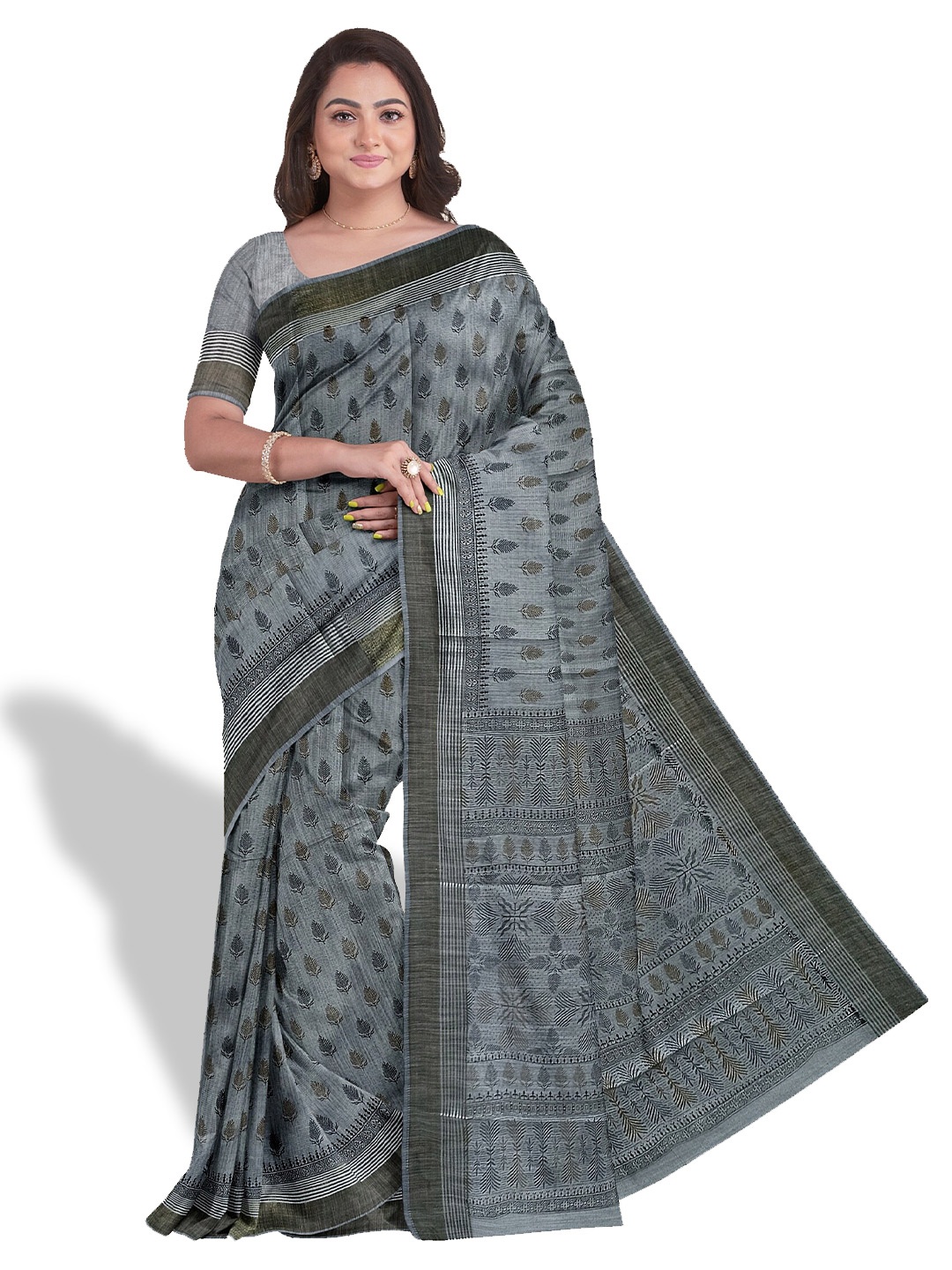 

The Chennai Silks Floral Printed Pure Cotton Saree, Grey