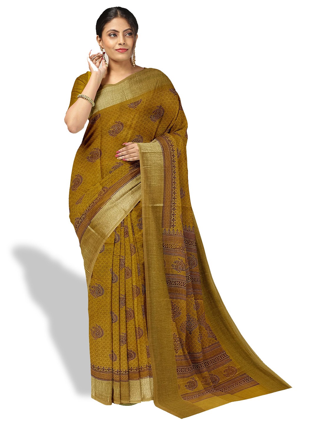 

The Chennai Silks Paisley Printed Zari Pure Cotton Saree, Mustard