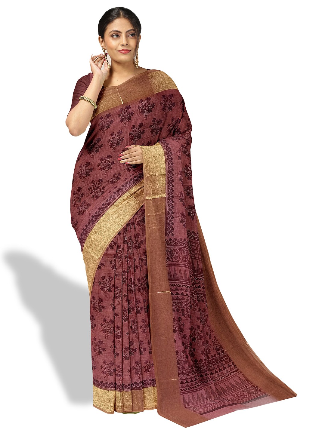 

The Chennai Silks Floral Printed Zari Pure Cotton Saree, Brown