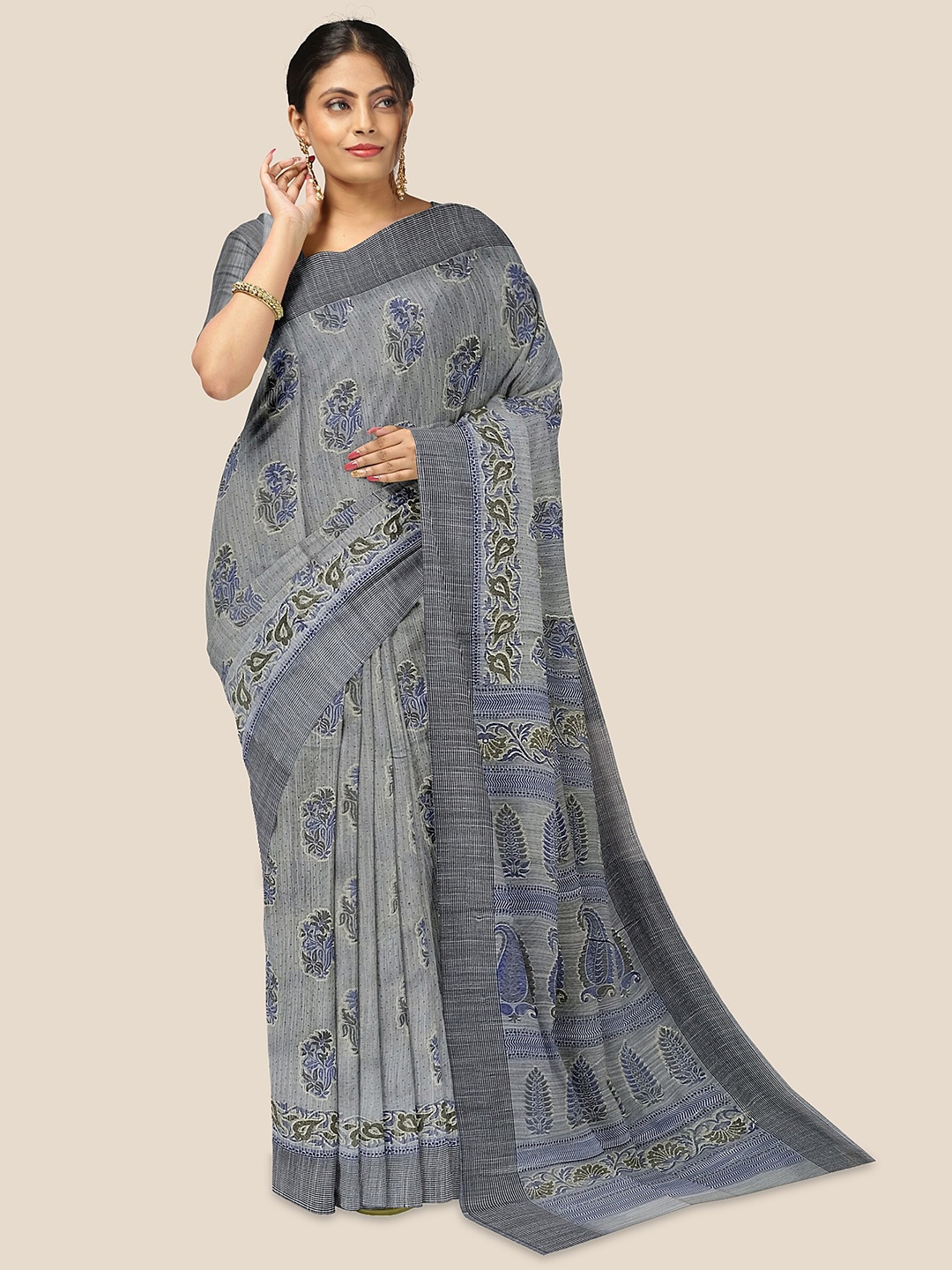 

The Chennai Silks Floral Printed Pure Cotton Saree, Grey