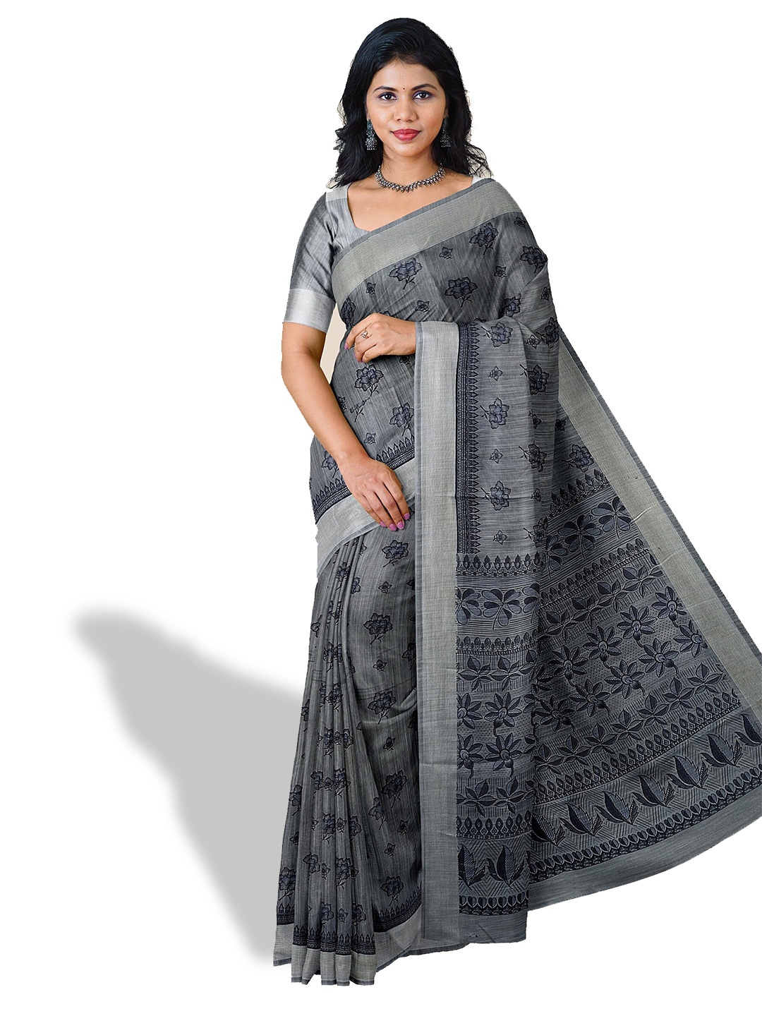 

The Chennai Silks Floral Printed Pure Cotton Saree, Grey