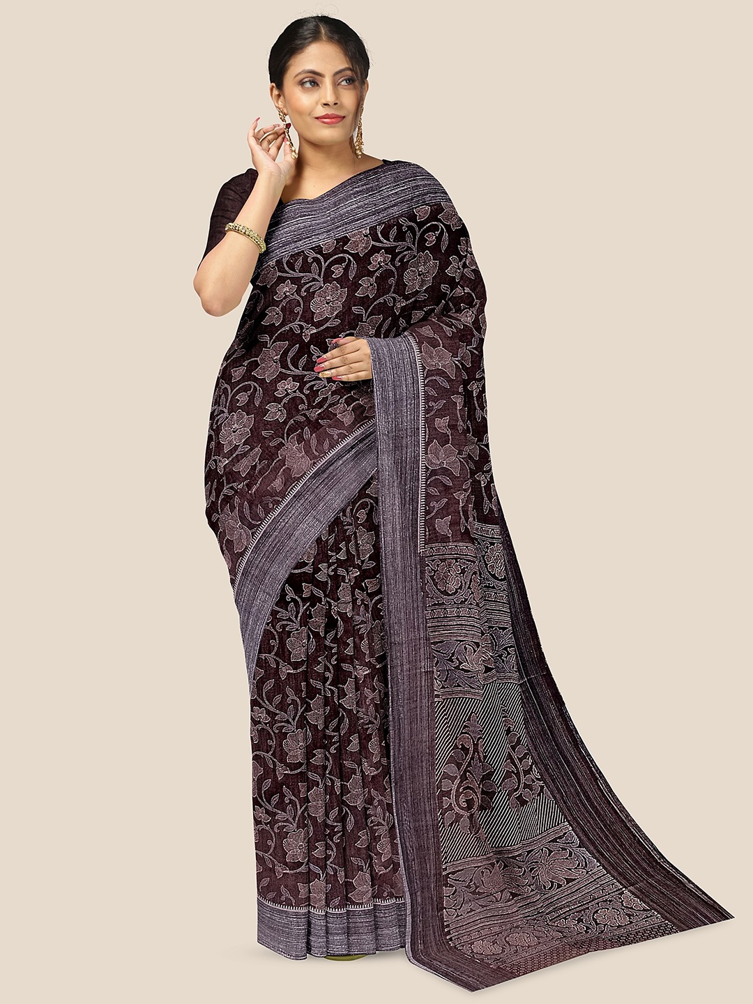 

The Chennai Silks Floral Printed Pure Cotton Saree, Burgundy