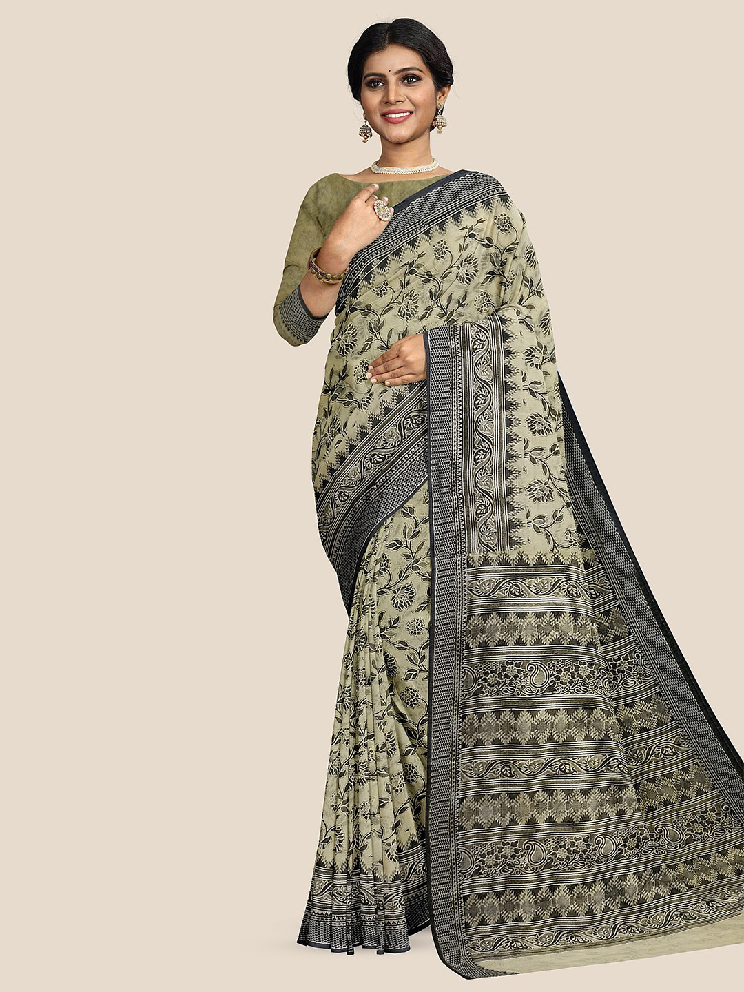 

The Chennai Silks Floral Printed Pure Cotton Saree, Green