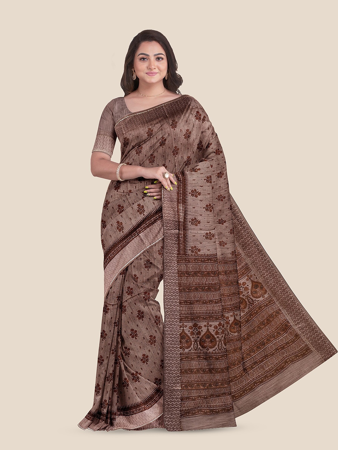 

The Chennai Silks Floral Printed Pure Cotton Saree, Brown