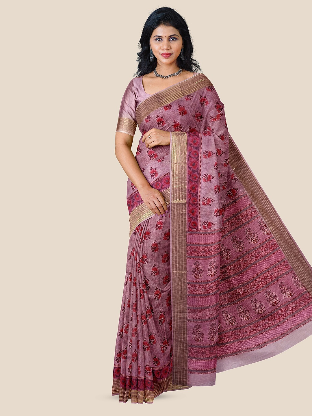 

The Chennai Silks Floral Printed Zari Pure Cotton Saree, Mauve