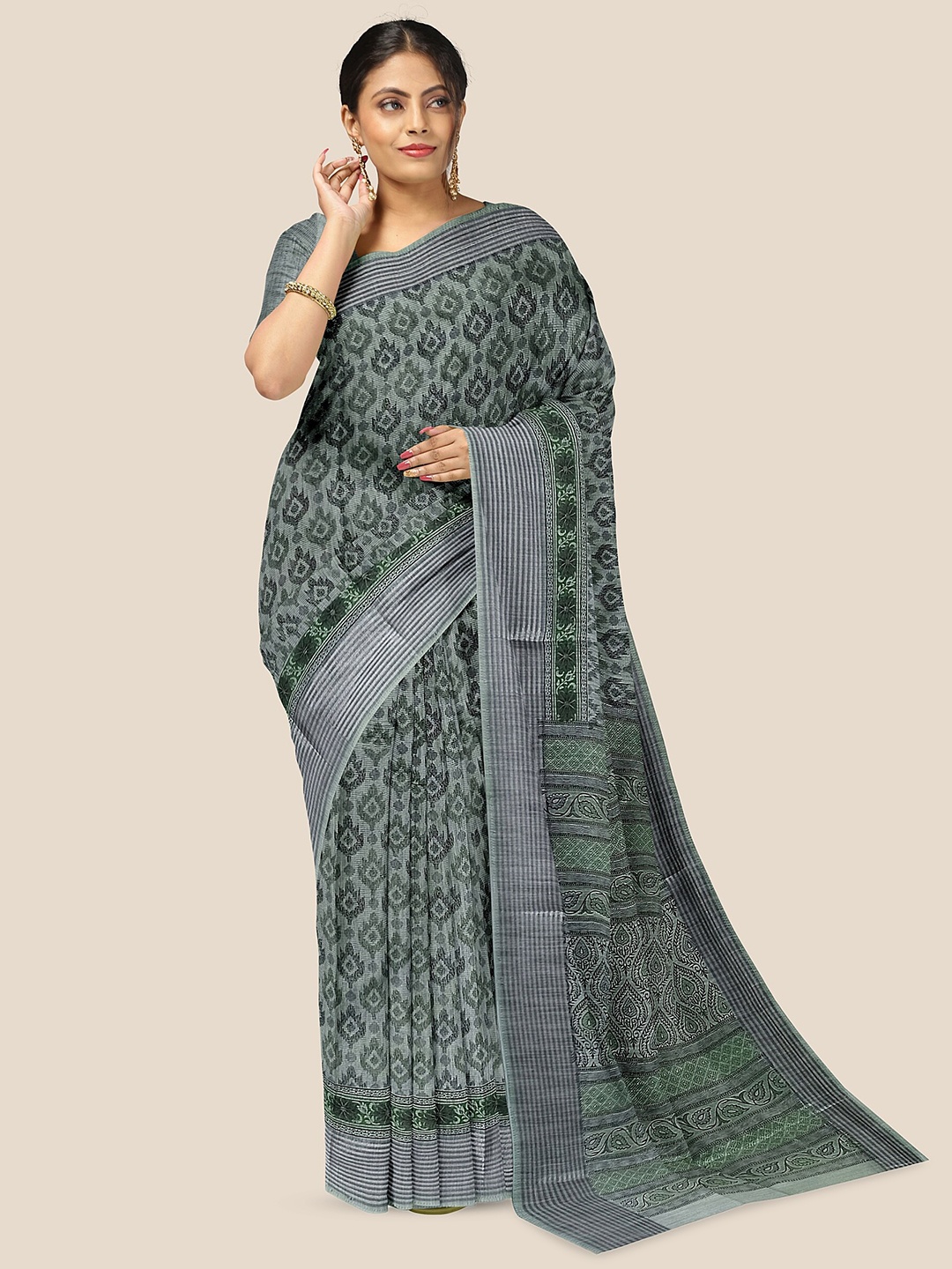 

The Chennai Silks Ethnic Motifs Printed Pure Cotton Saree, Green