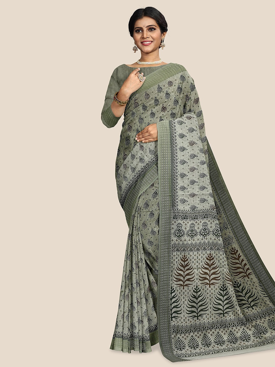 

The Chennai Silks Ethnic Motif Printed Pure Cotton Saree, Green