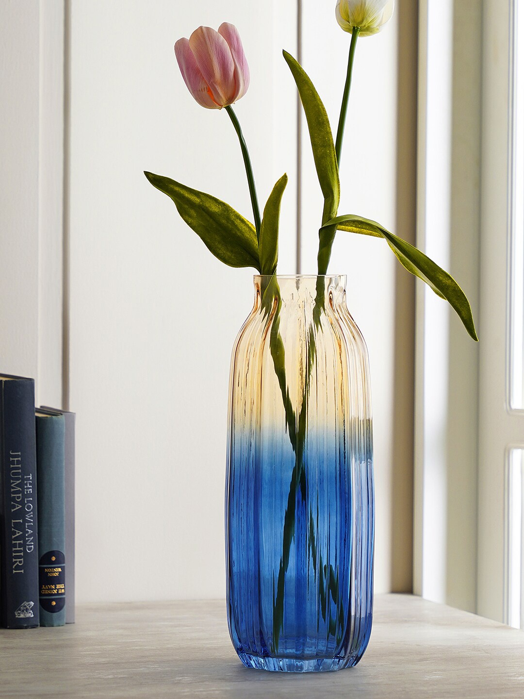 

Pure Home and Living Blue & Gold-Toned Ombre Ribbed Glass Flower Vase