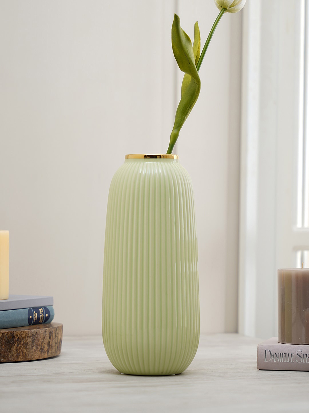 

Pure Home and Living Green Ribbed Ceramic Flower Vase