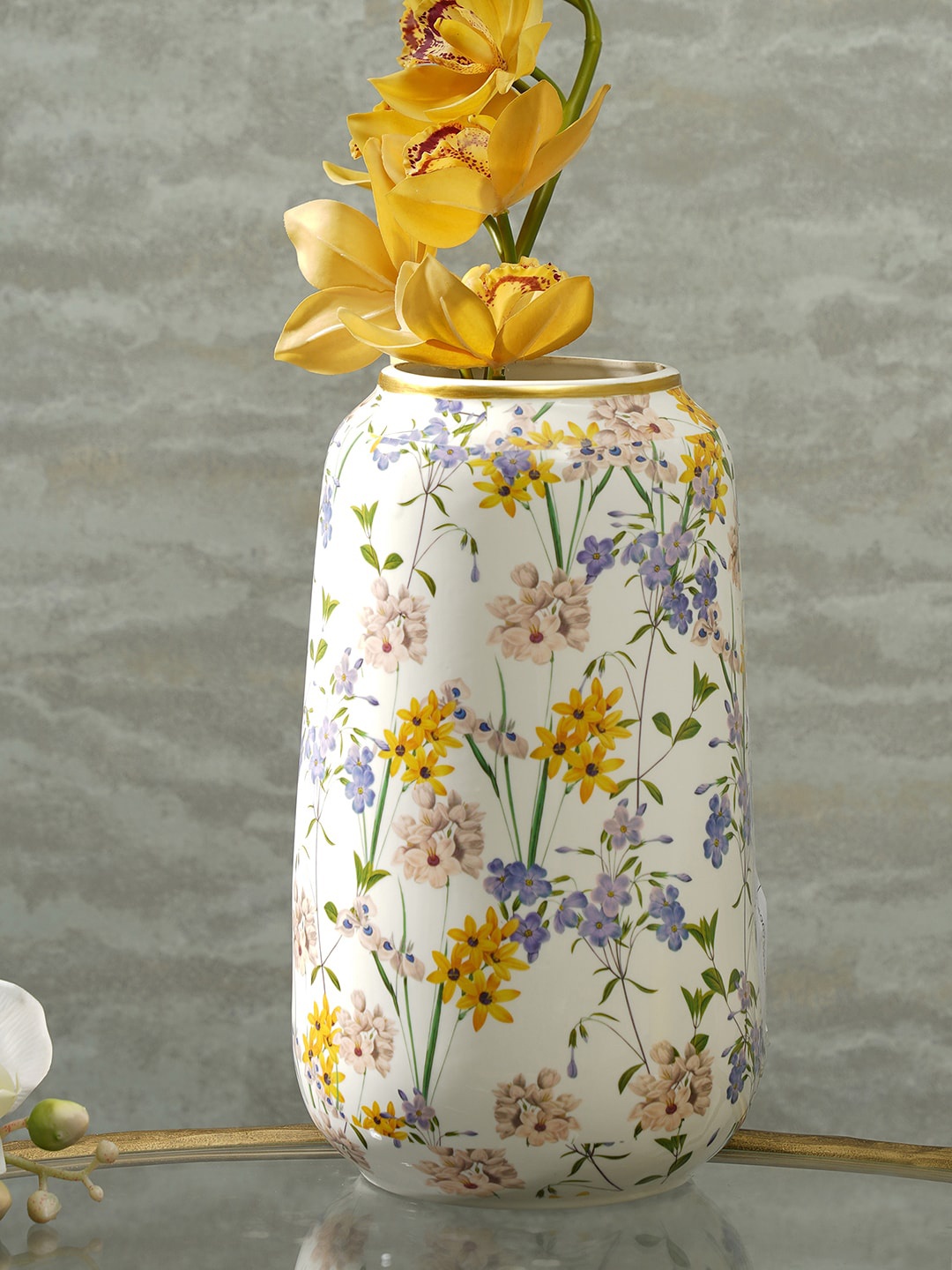 

Pure Home and Living White Yellow Botanical Printed Ceramic Flower Vase
