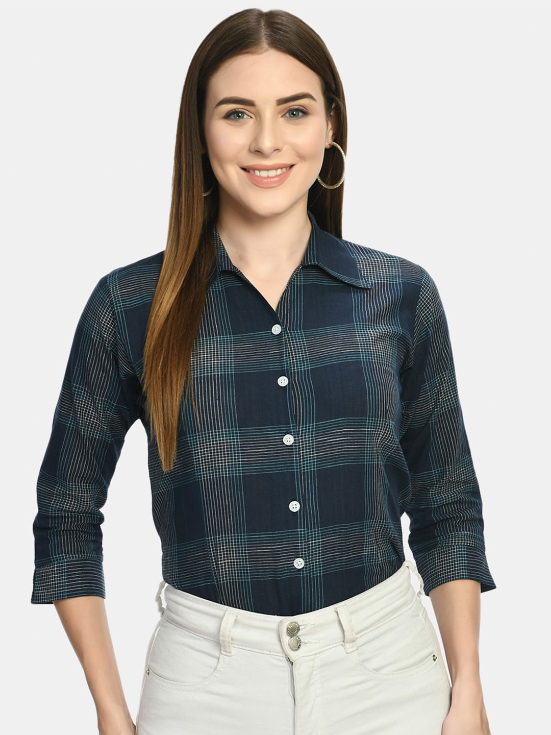 

KALINI Tartan Checks Cotton Slim Fit Formal Shirt, Blue