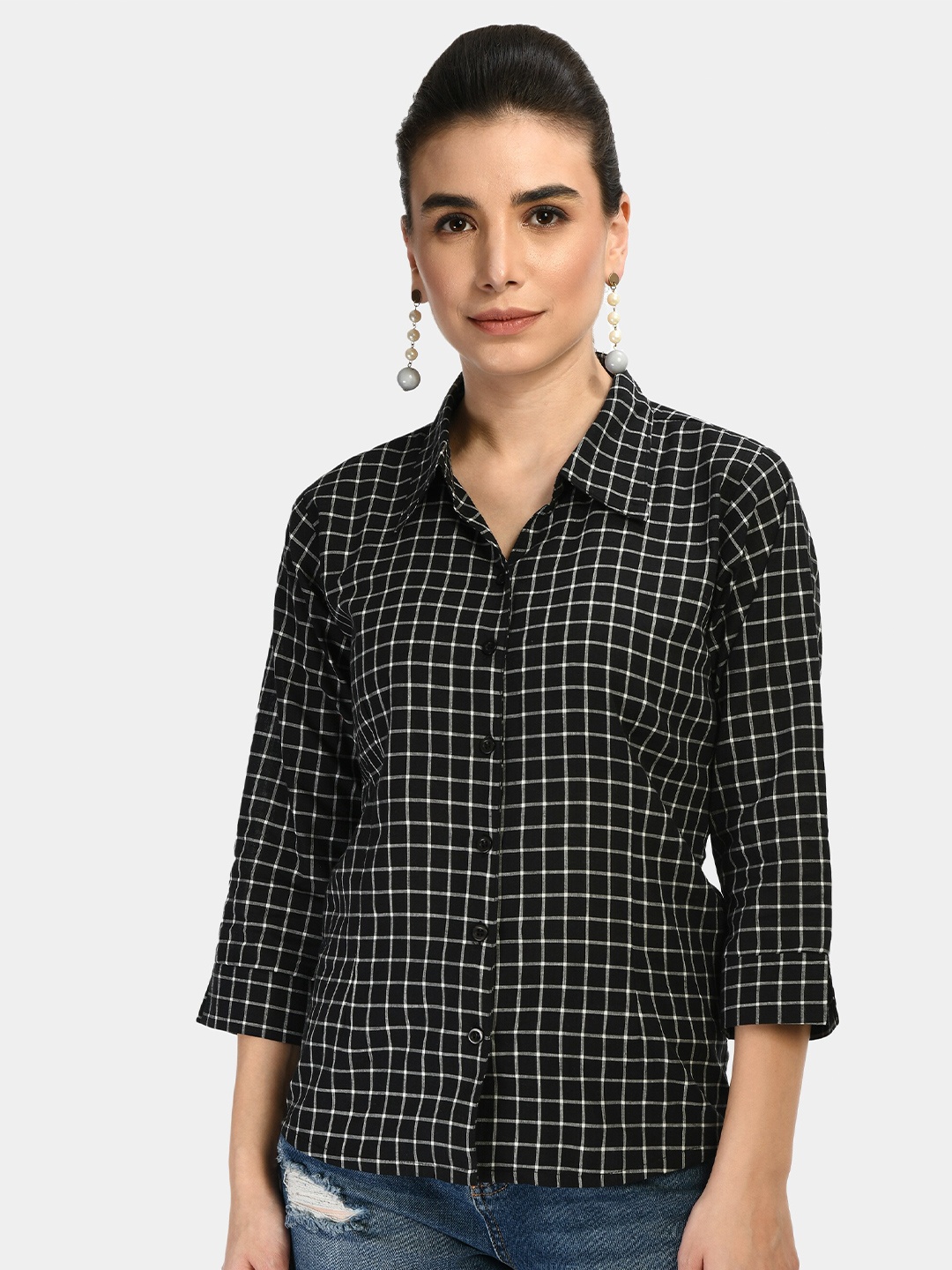

KALINI Checks Cotton Casual Shirt, Black