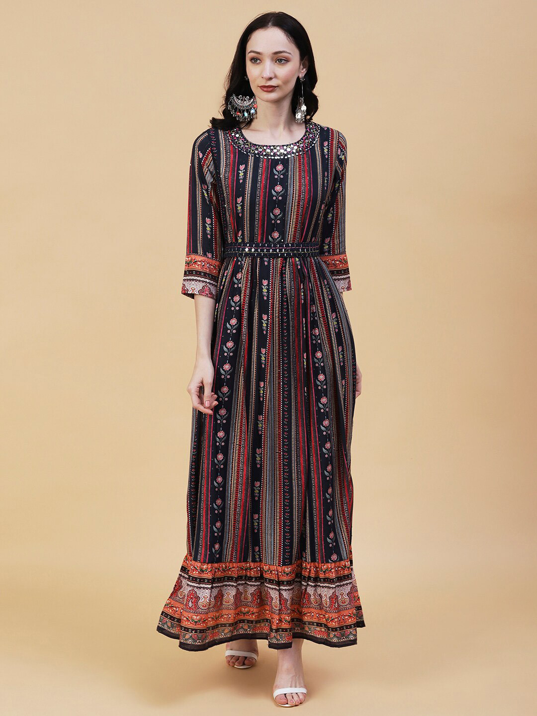 

FASHOR Mirror Work Belted Fit & Flare Ethnic Motifs Printed Maxi Ethnic Dress, Navy blue
