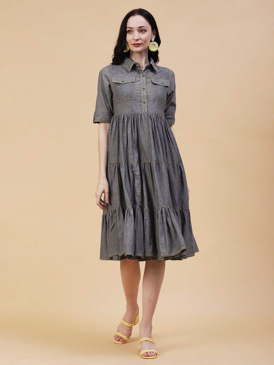 

FASHOR Pocket Detailed Roll-Up Sleeves Tiered Midi Shirt Dress, Grey