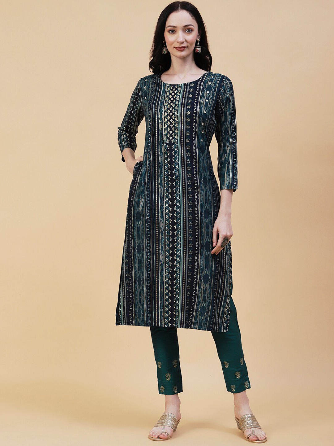 

FASHOR Geometric Printed Cotton Kurta, Navy blue