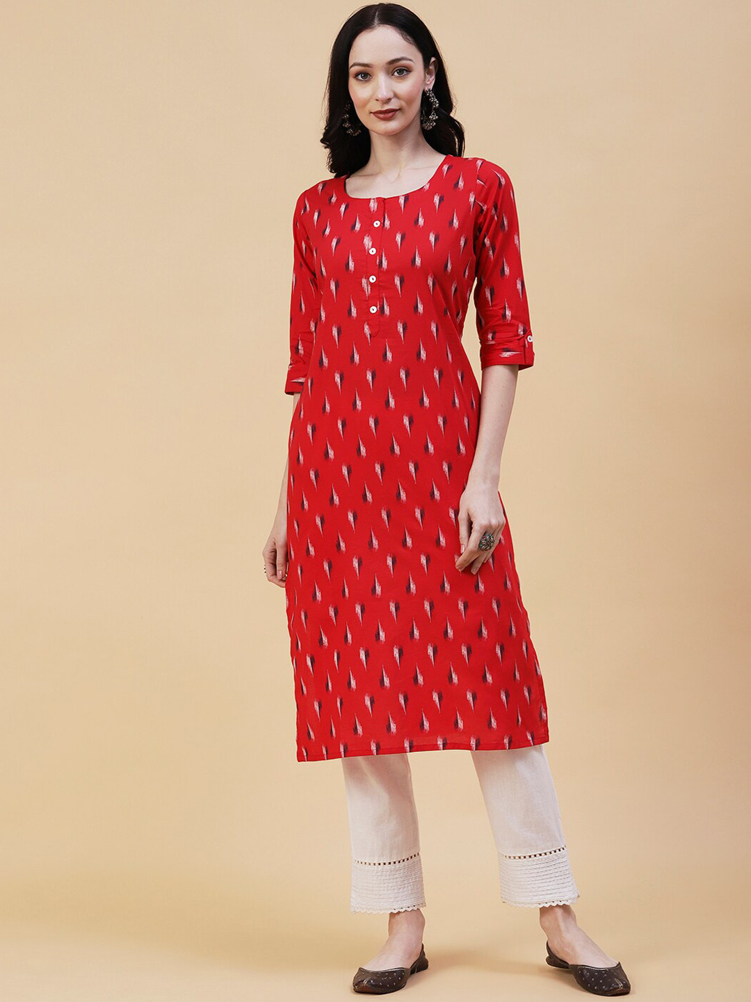 

FASHOR Geometric Printed Cotton Kurta, Red