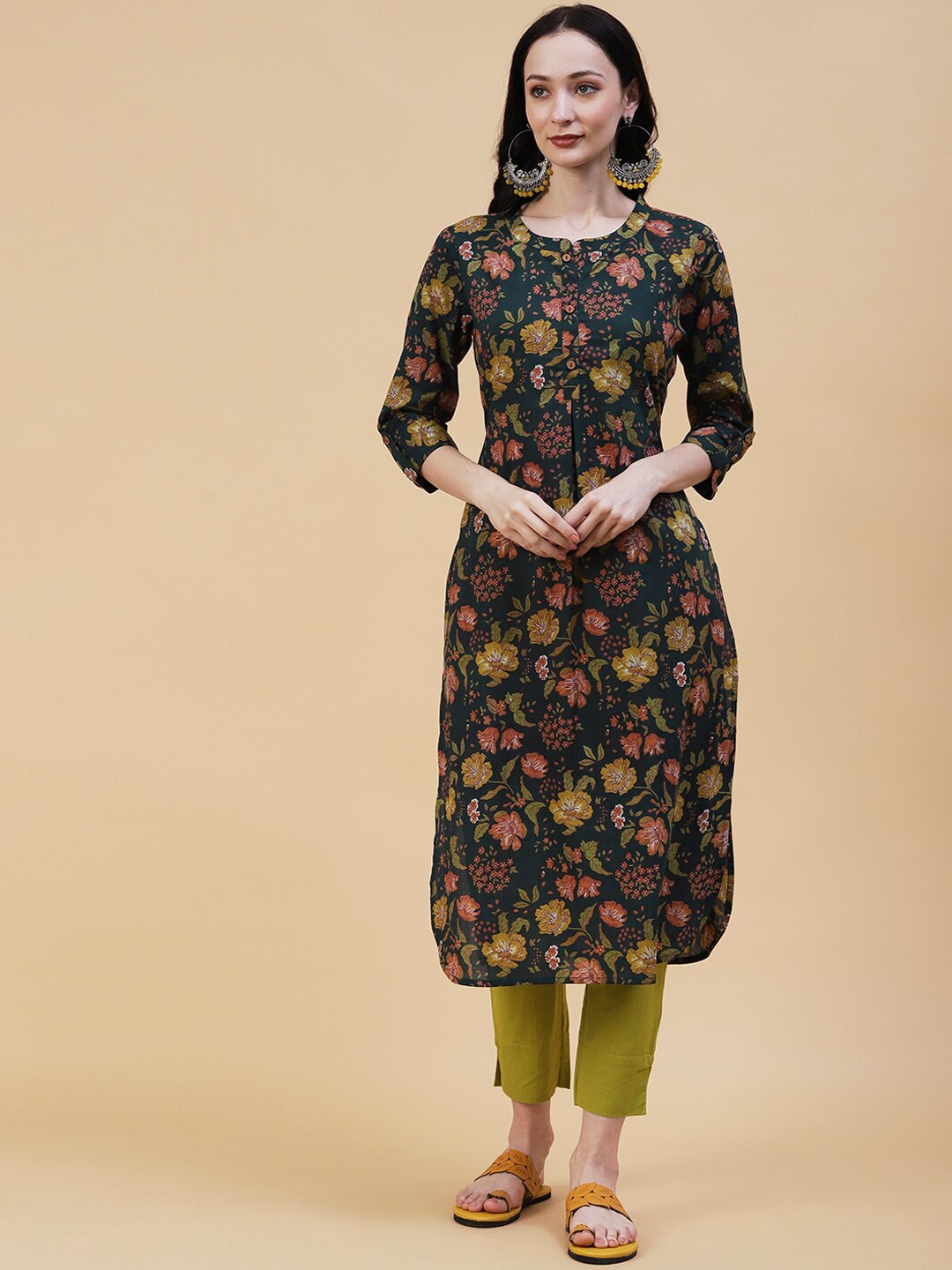 

FASHOR Floral Printed A-Line Cotton Kurta, Green