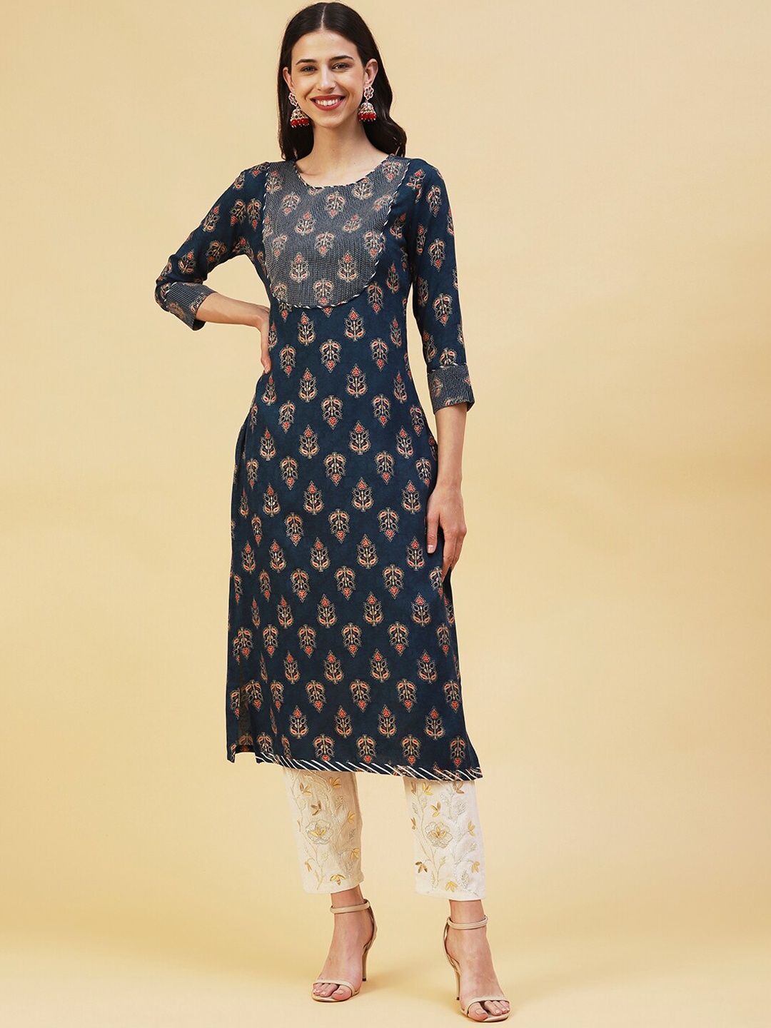 

FASHOR Floral Foil Printed Straight Kurta, Teal