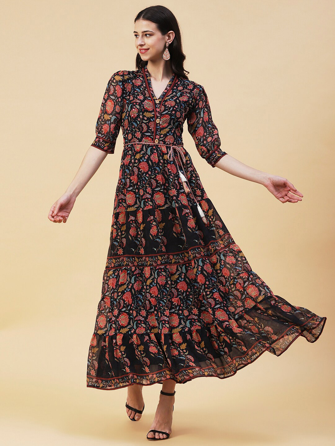 

FASHOR Floral Georgette Maxi Dress, Black