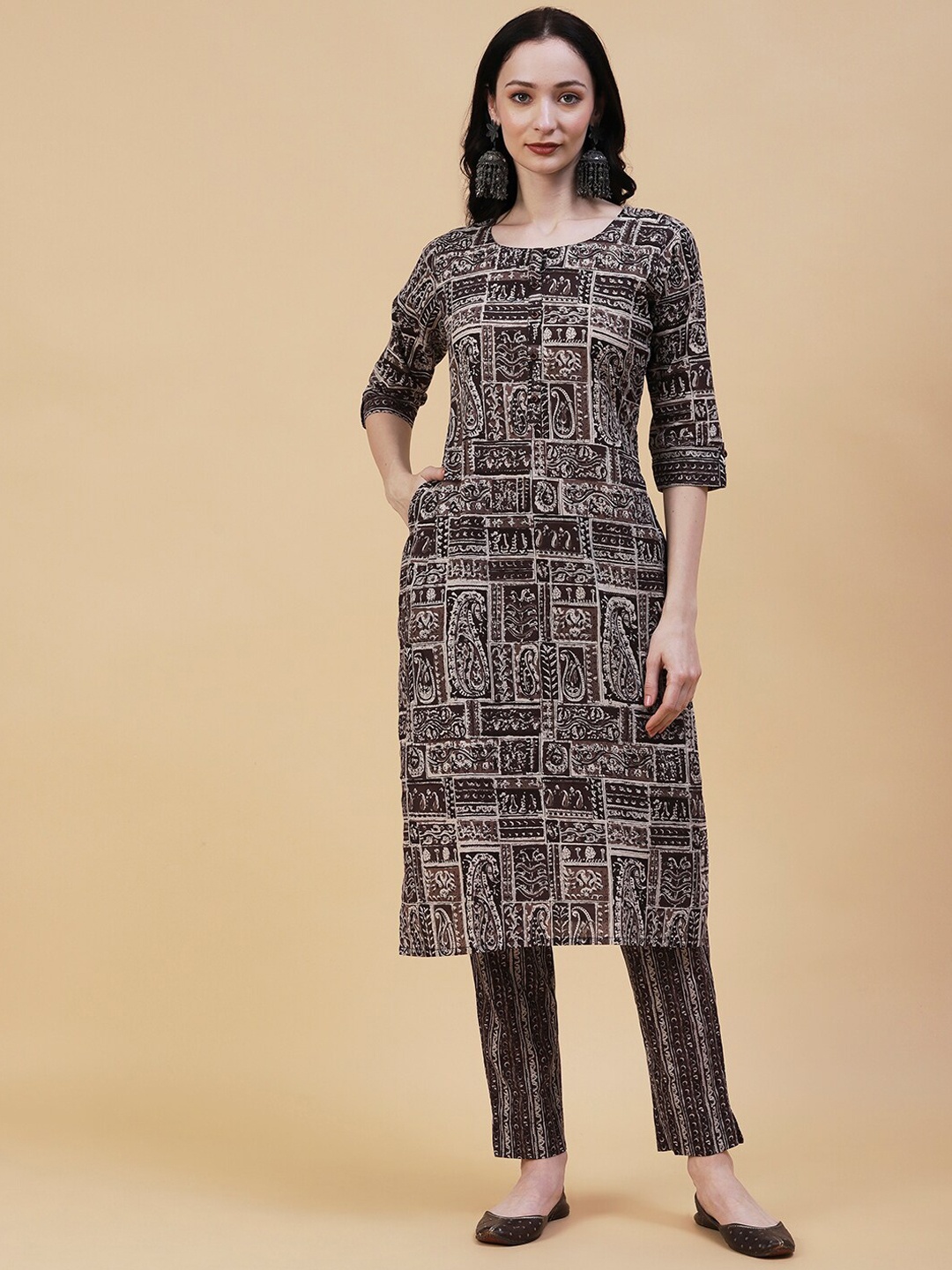 

FASHOR Paisley Printed Pure Cotton Kurta With Trousers, Coffee brown