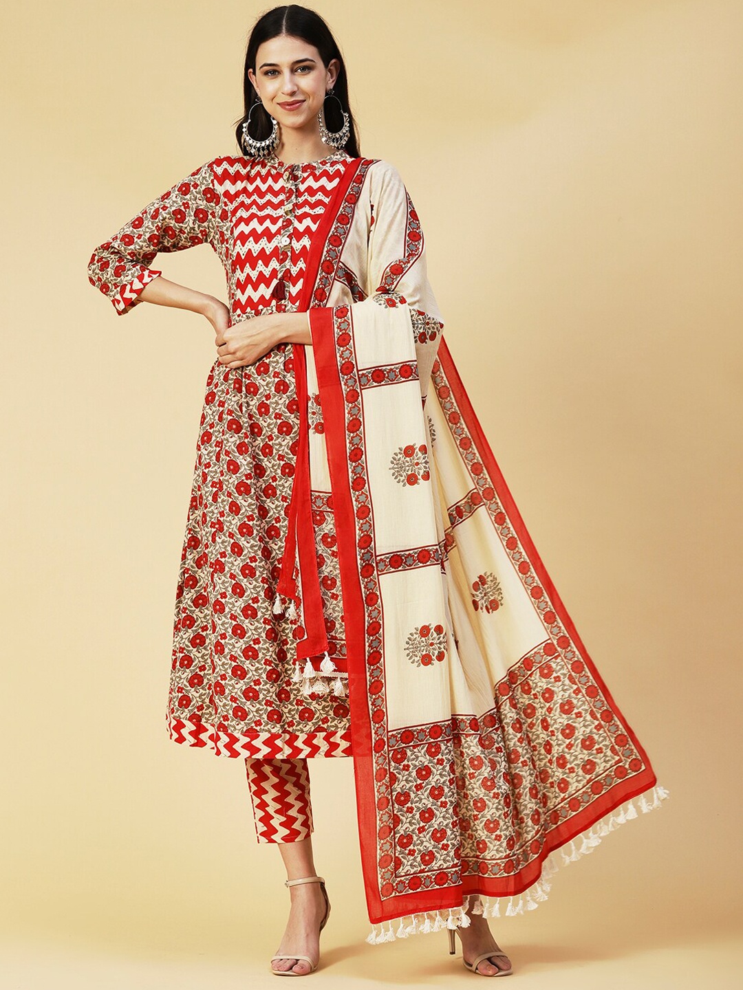 

FASHOR Floral Printed Pure Cotton Anarkali Kurta With Trousers & Dupatta, Red