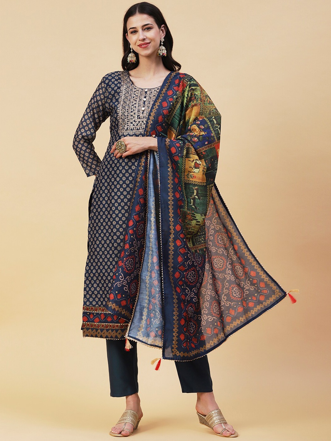 

FASHOR Floal Printed Sequinned Kurta With Trousers & Dupatta, Navy blue