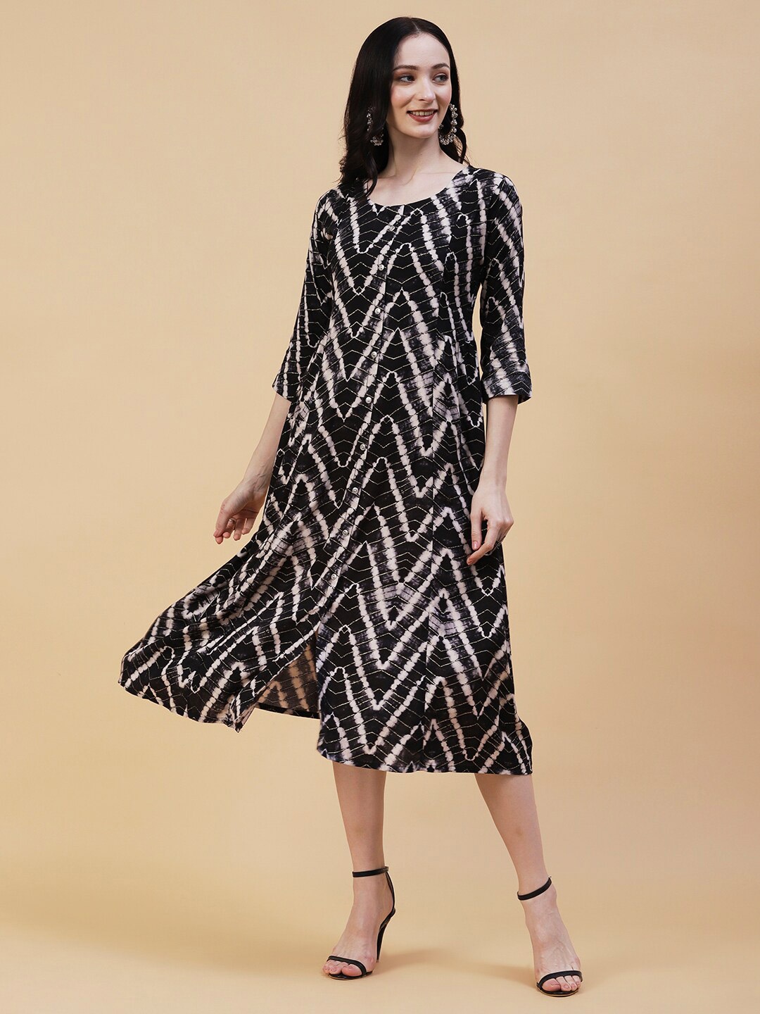 

FASHOR Front Slit Button Down Tie & Dye A-Line Midi Dress, Black