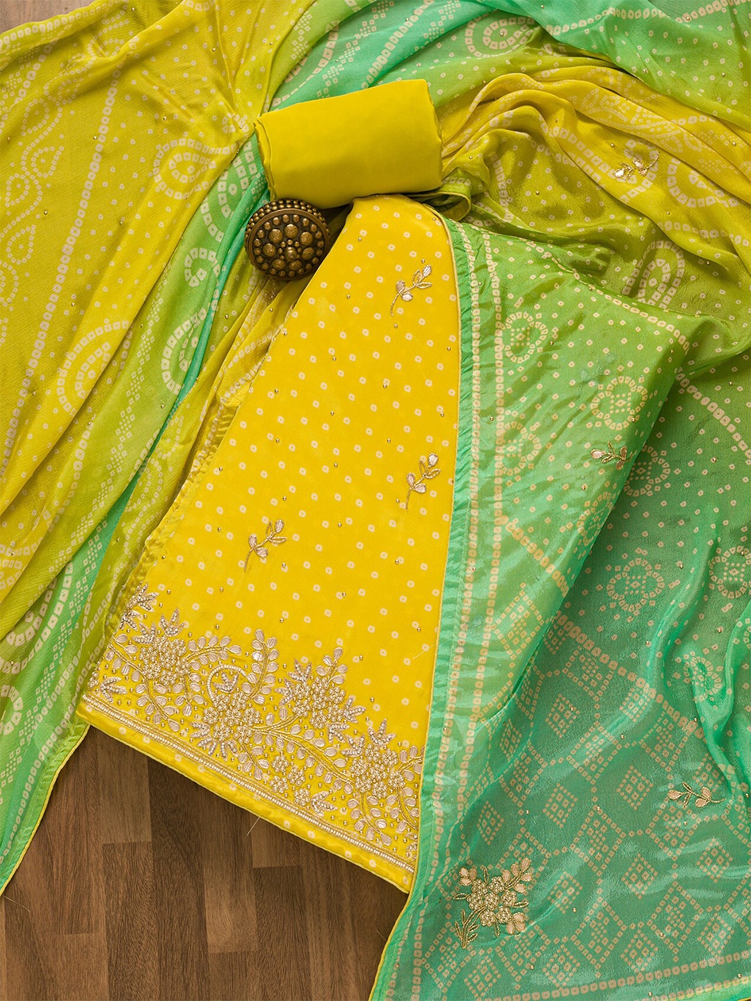 

Koskii Bandhani Printed Beads And Stones Unstitched Dress Material, Yellow