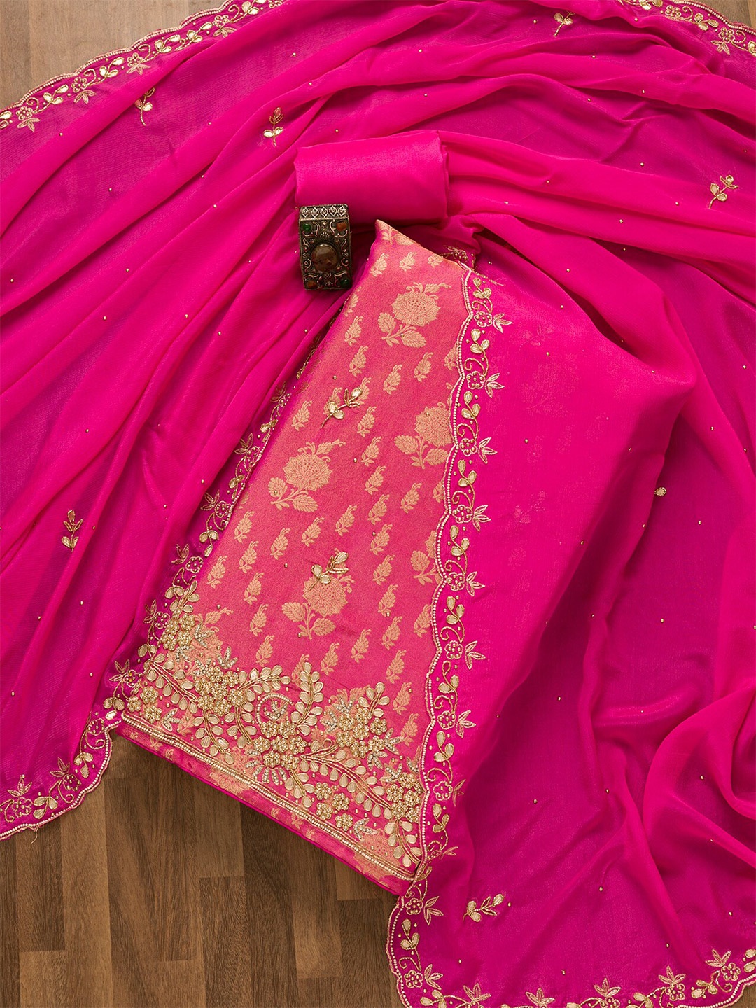 

Koskii Embroidered Beads And Stones Art Silk Unstitched Dress Material, Pink