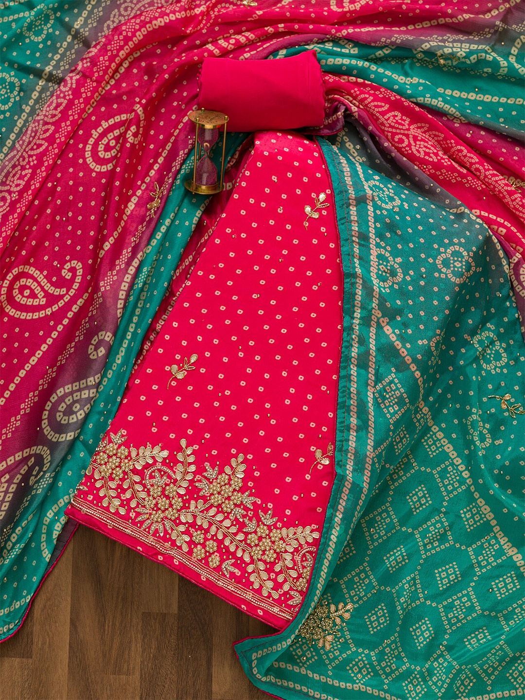 

Koskii Bandhani Printed Beads And Stones Unstitched Dress Material, Pink