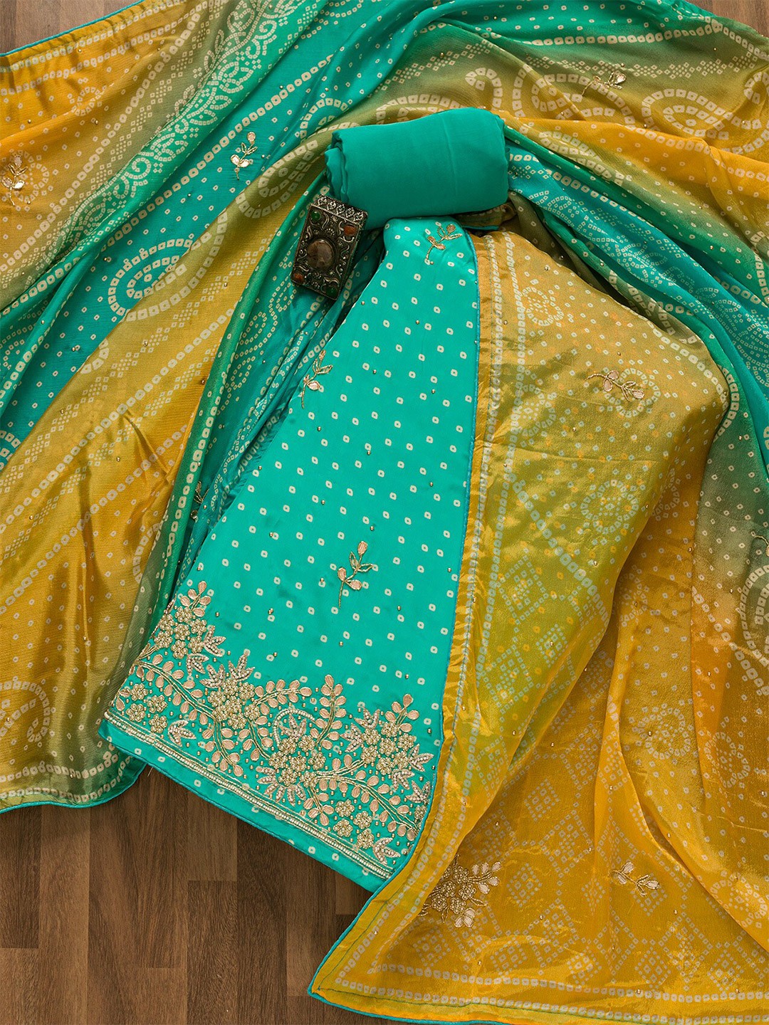

Koskii Bandhani Printed Beads And Stones Unstitched Dress Material, Blue