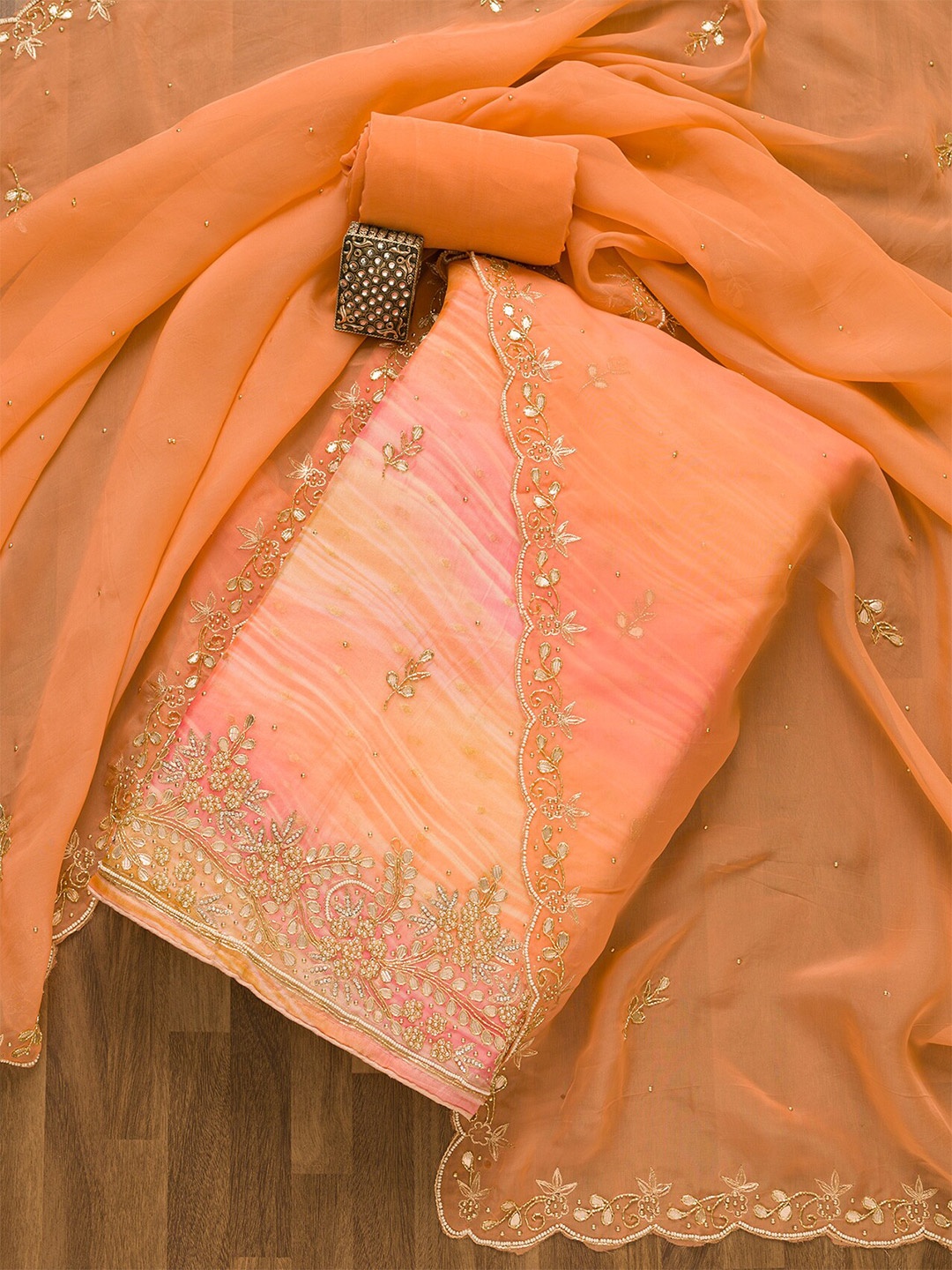 

Koskii Floral Embroidered Zardozi Organza Unstitched Dress Material, Peach