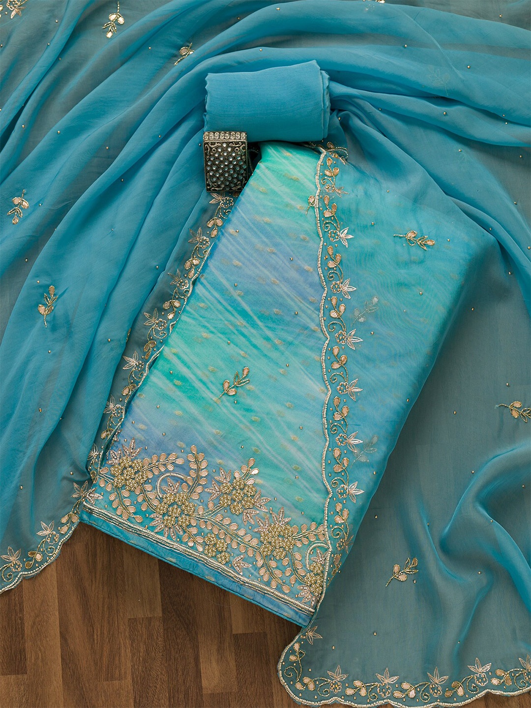 

Koskii Floral Embroidered Zardozi Organza Unstitched Dress Material, Blue