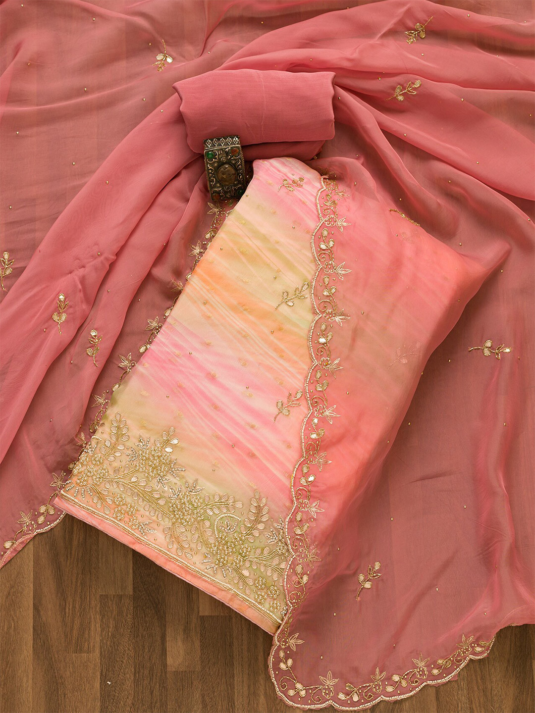 

Koskii Floral Embroidered Zardozi Organza Unstitched Dress Material, Pink