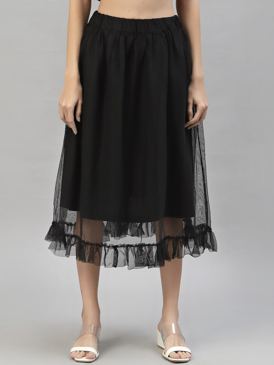 

HOUSE OF KKARMA Net Frill Flared Midi Skirt, Black