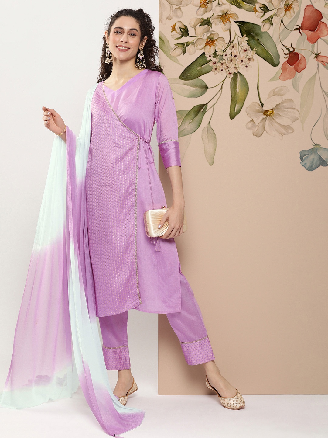 

Sangria Angrakha Chanderi Silk Zari Kurta With Trousers & Dupatta, Lavender