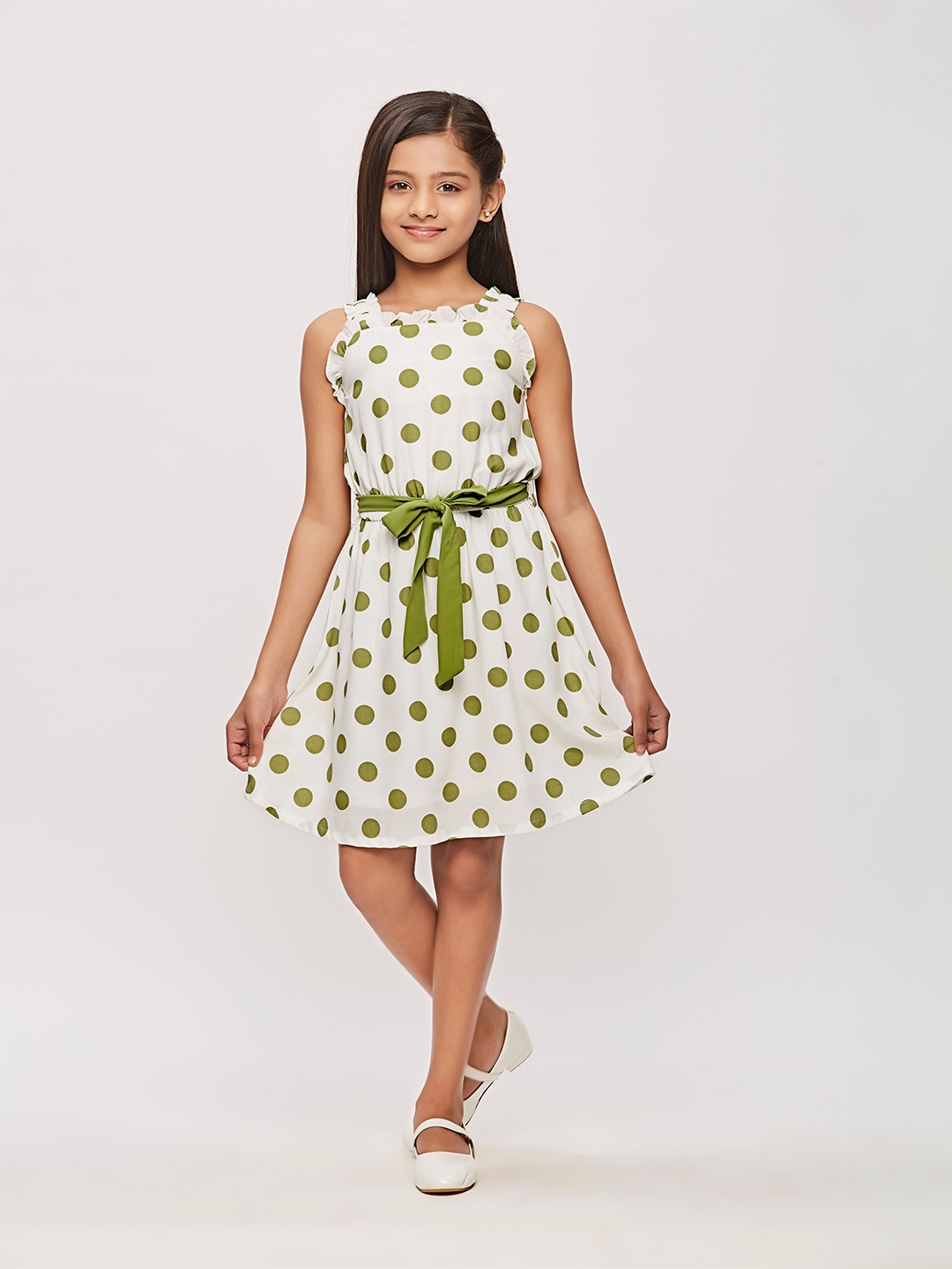 

Tiny Girl Square Neck Belted Sleeveless Polka Dots Printed Fit & Flare Dress, White