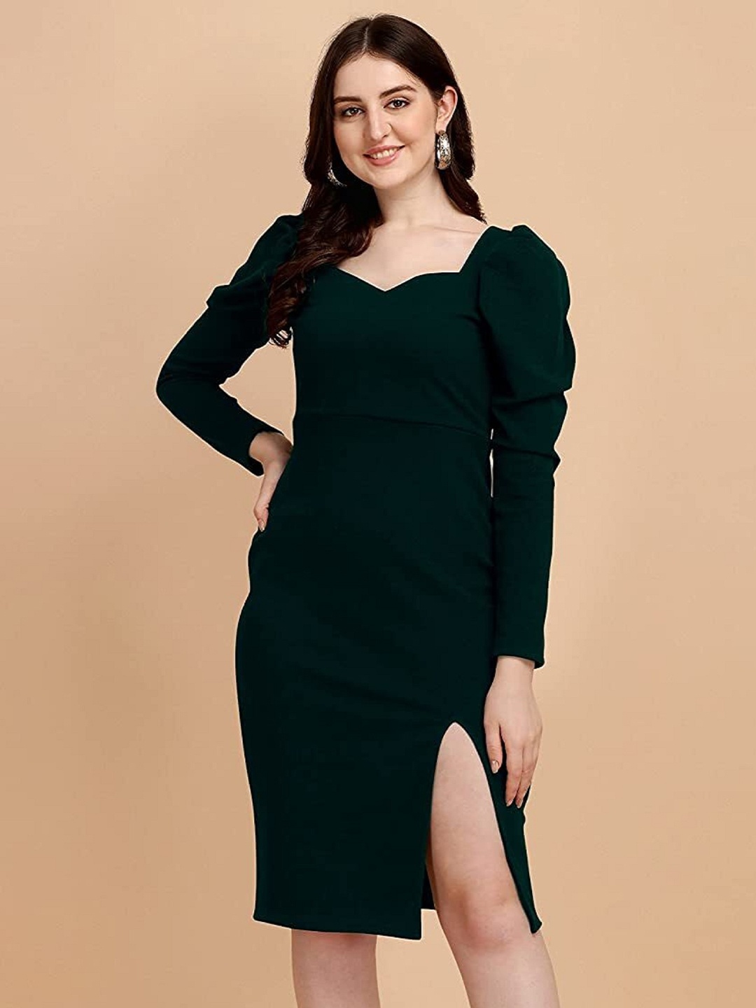 

KALINI Puff Sleeves Side Slit Sweetheart Neck Sheath Dress, Green