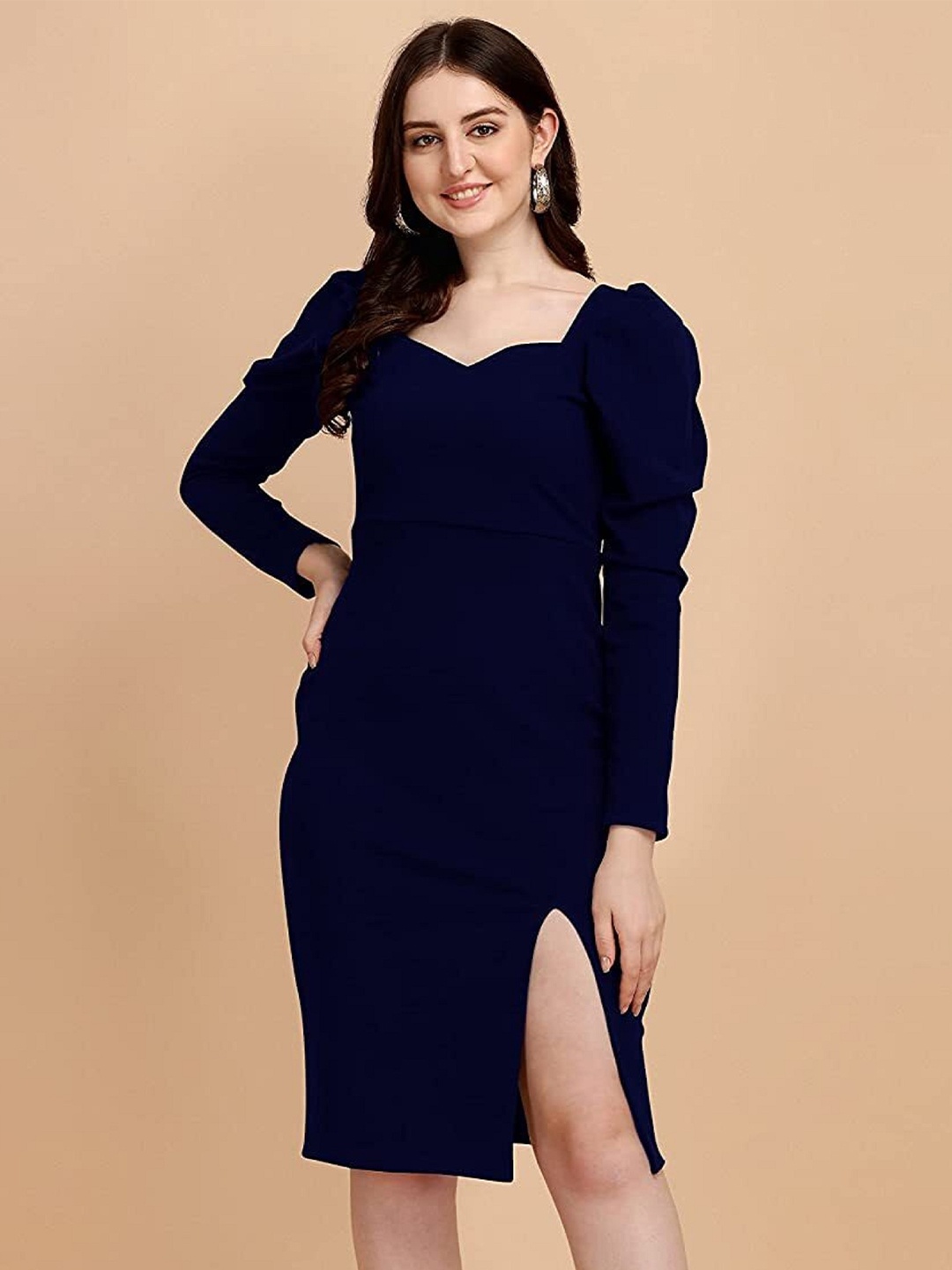 

KALINI Puff Sleeves Sweetheart Neck Side Slit Sheath Dress, Navy blue
