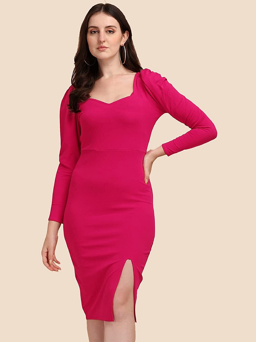 

KALINI Puff Sleeves Side Slit Sheath Dress, Pink
