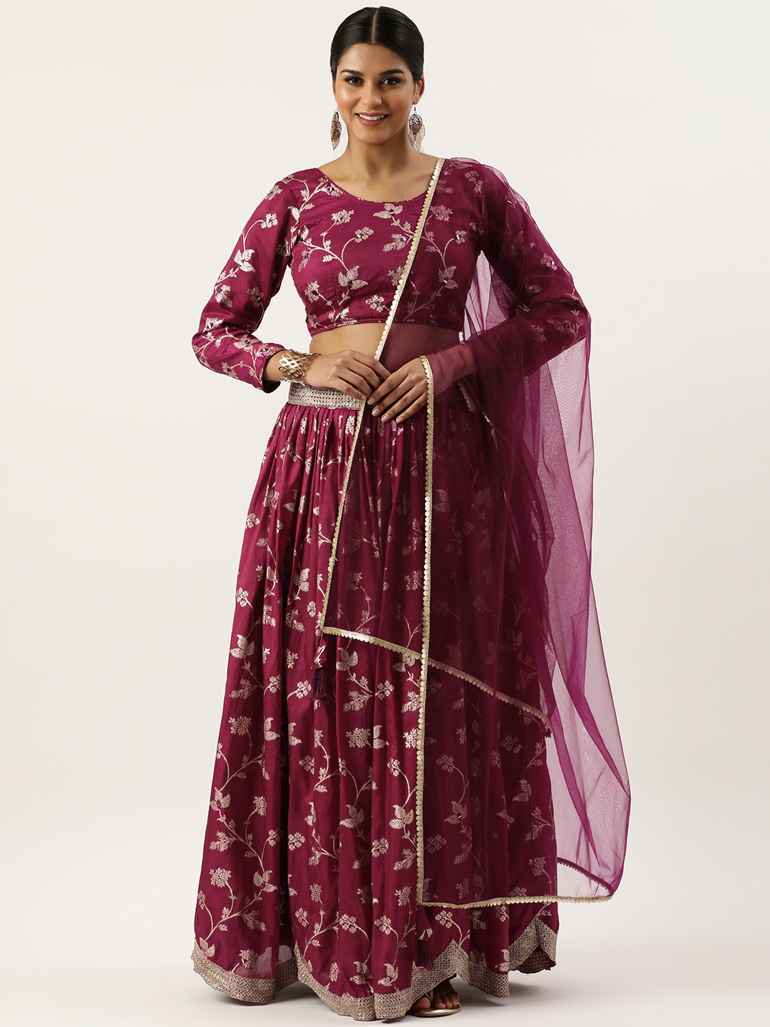 

Fabcartz Purple & Bronze-Toned Printed Mirror Work Semi-Stitched Lehenga & Unstitched Blouse With Dupatta, Burgundy