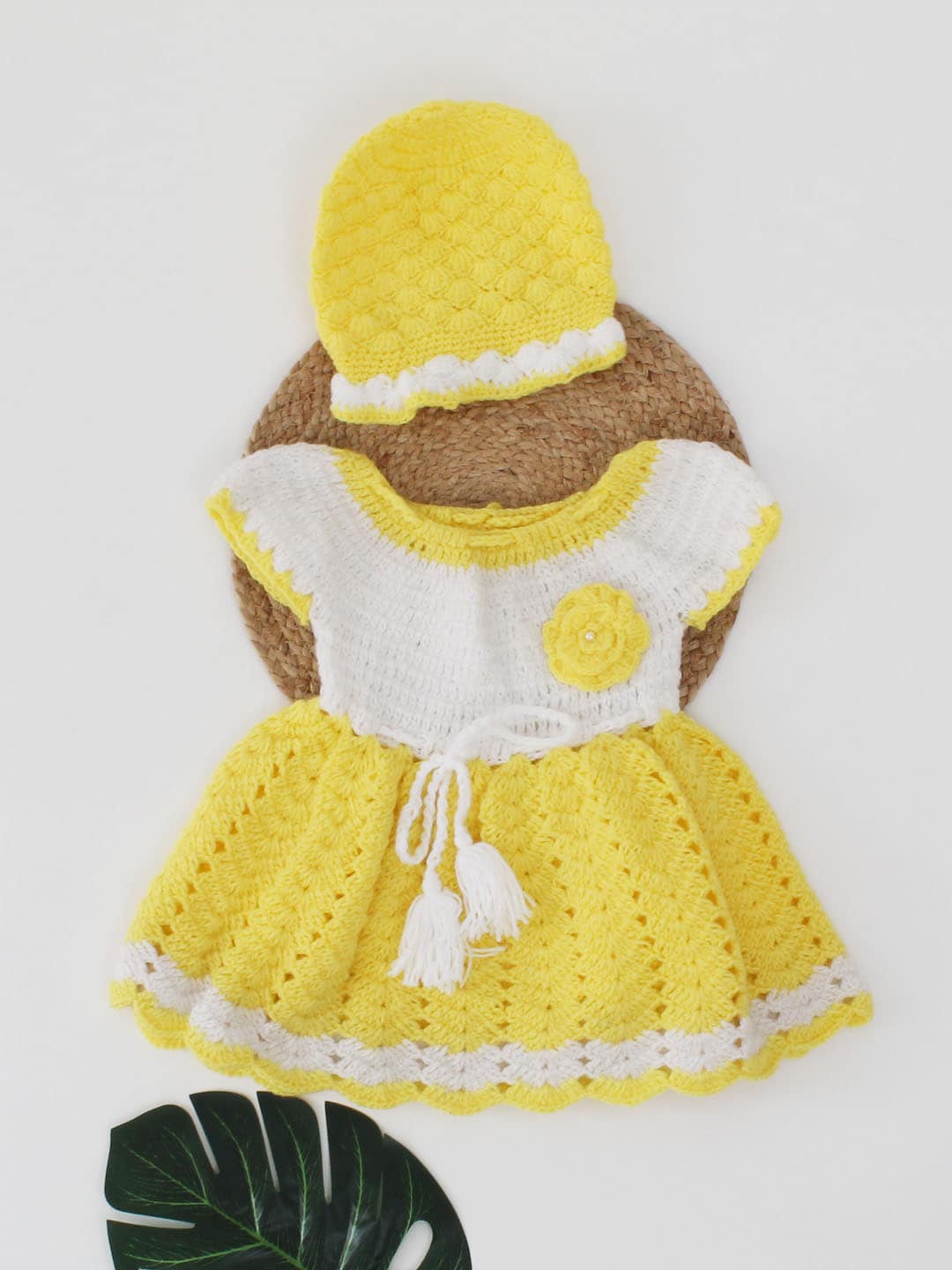 

Woonie Self Design Knitted Acrylic Mini Fit & Flare Dress with Cap, Yellow