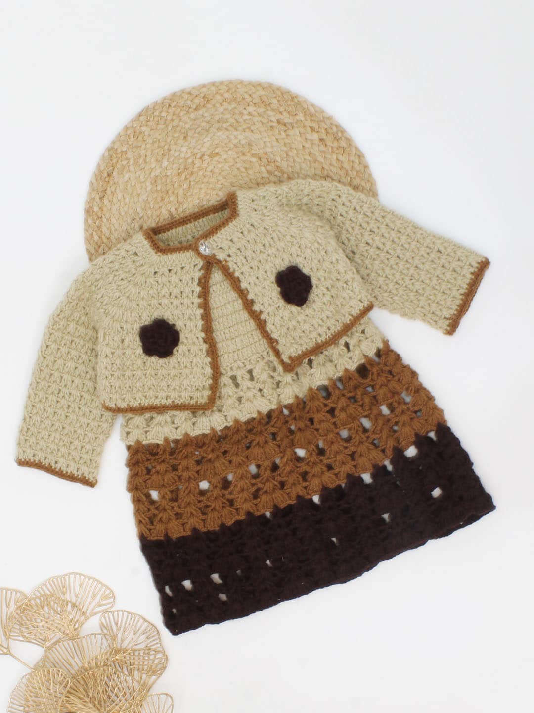 

Woonie Girls Self Design Dress with Shrug, Beige
