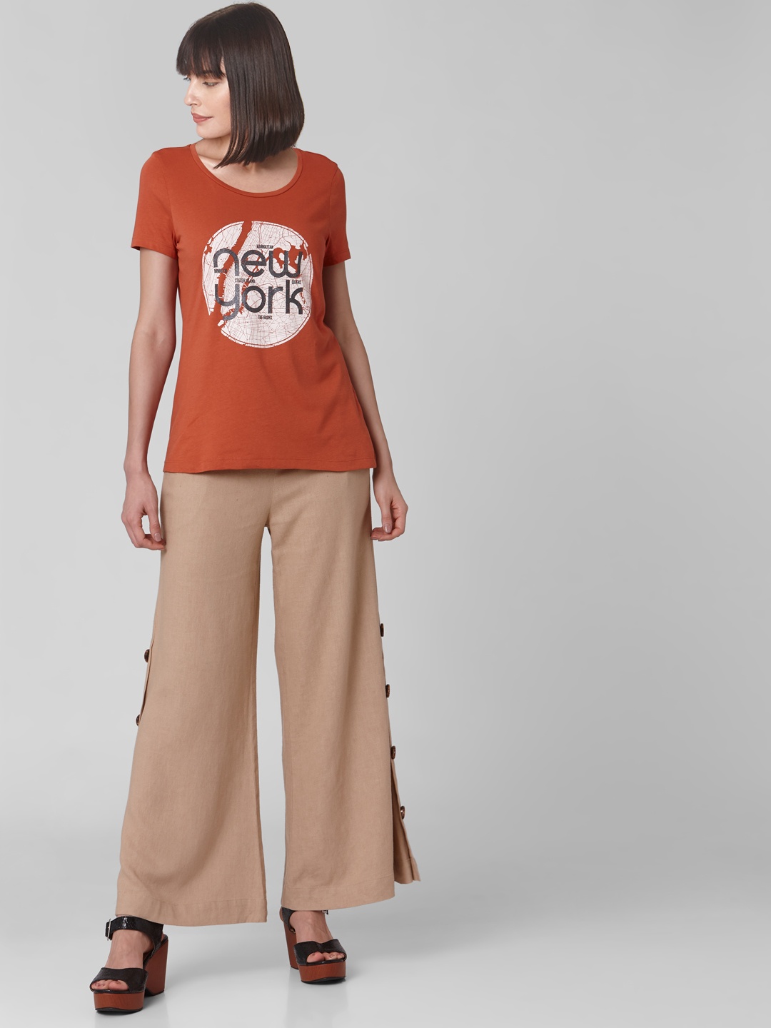 

Vero Moda Typography Printed Cotton T-shirt, Rust