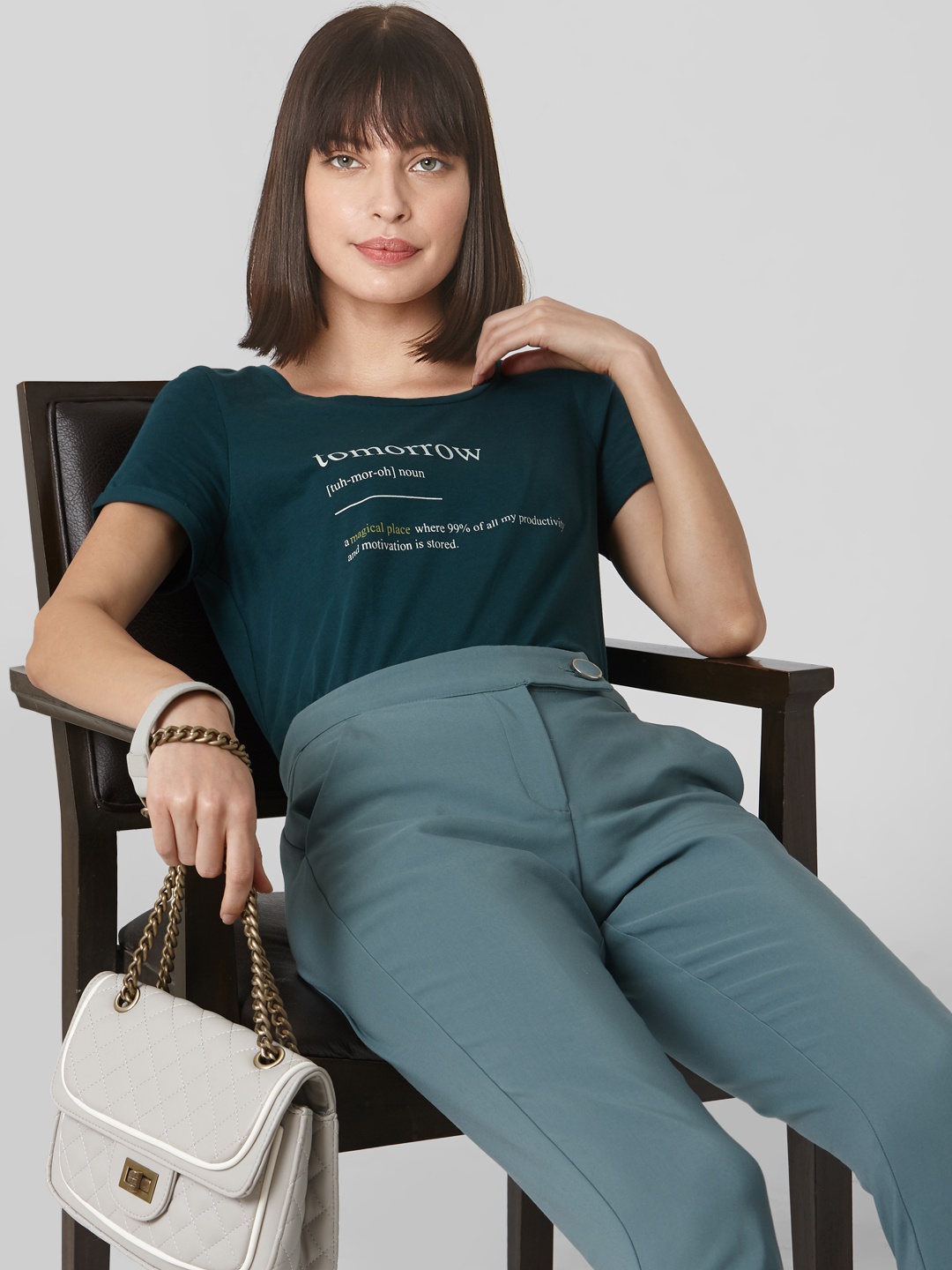 

Vero Moda Typography Printed Short Sleeves Round Neck Cotton T-shirt, Green