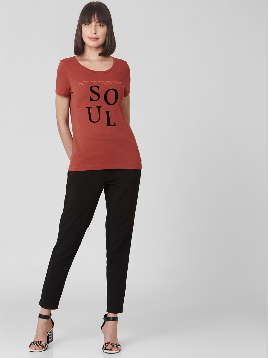 

Vero Moda Typography Printed Short Sleeve Round Neck Cotton T-shirt, Rust