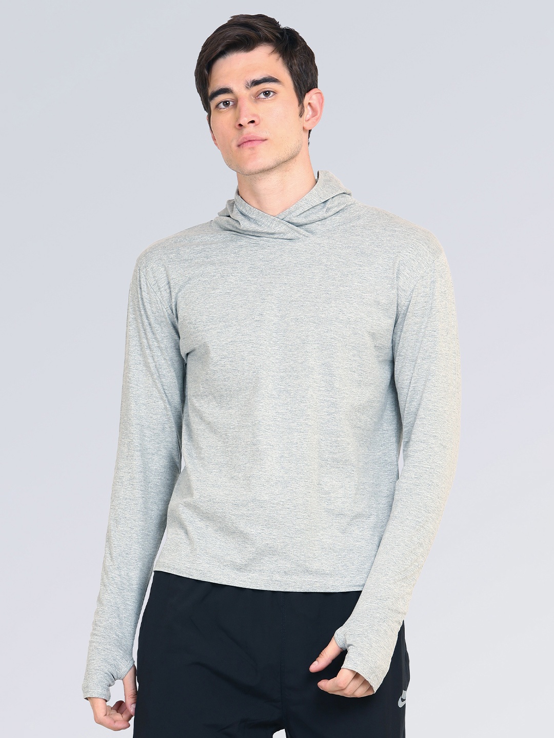 

appulse Hood Long Sleeves Slim Fit Cotton T-shirt, Grey melange