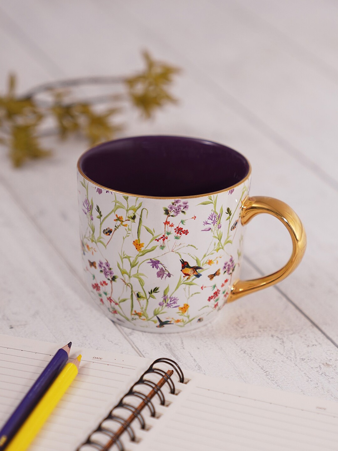 

Pure Home and Living White & Purple Floral Printed Porcelain Matte Mug 330 ml